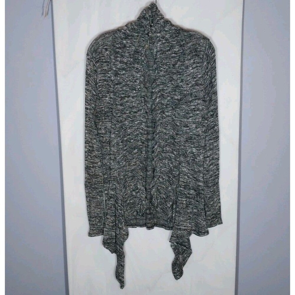 Emerald USA Open Front Cardigan Womens L Black White Marled Ruffle Drape Knit